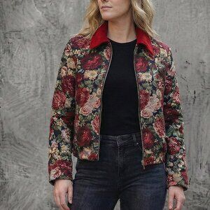 SILK & LACE Floral Tapestry Jacket Red Corduroy Collar Size [S-XL]